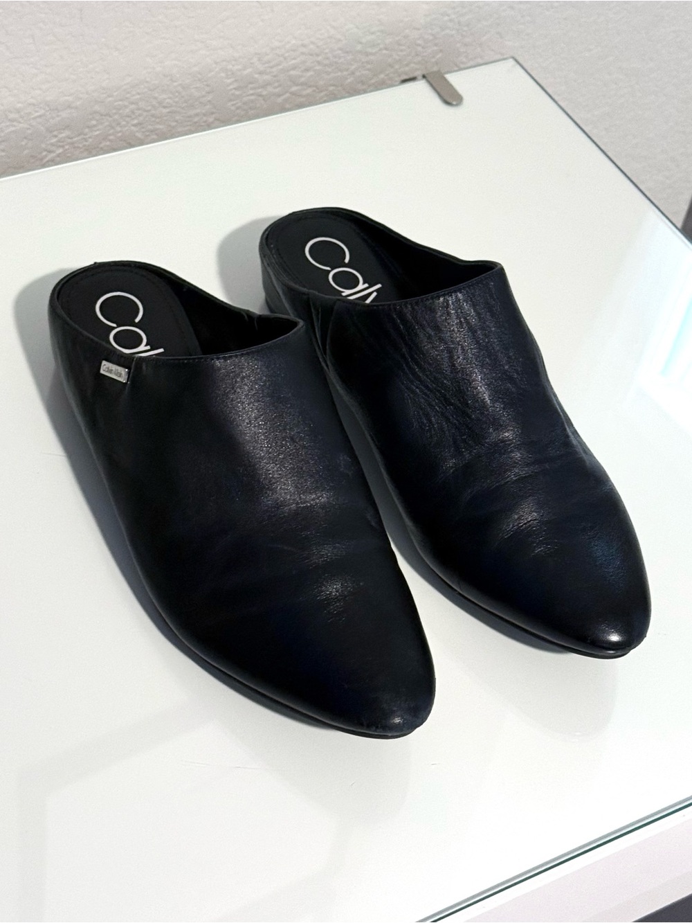 Calvin Klein Black Leather Slip-On Mules